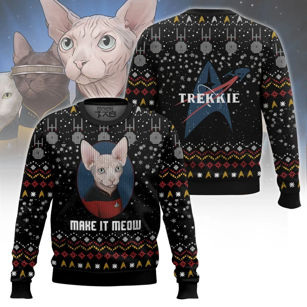 

Make It Meow Captain Cat Star Trek Ugly Christmas Sweater Funny Holiday Party Pullover Plus Size Sweater for Men Xmas Gift 2026