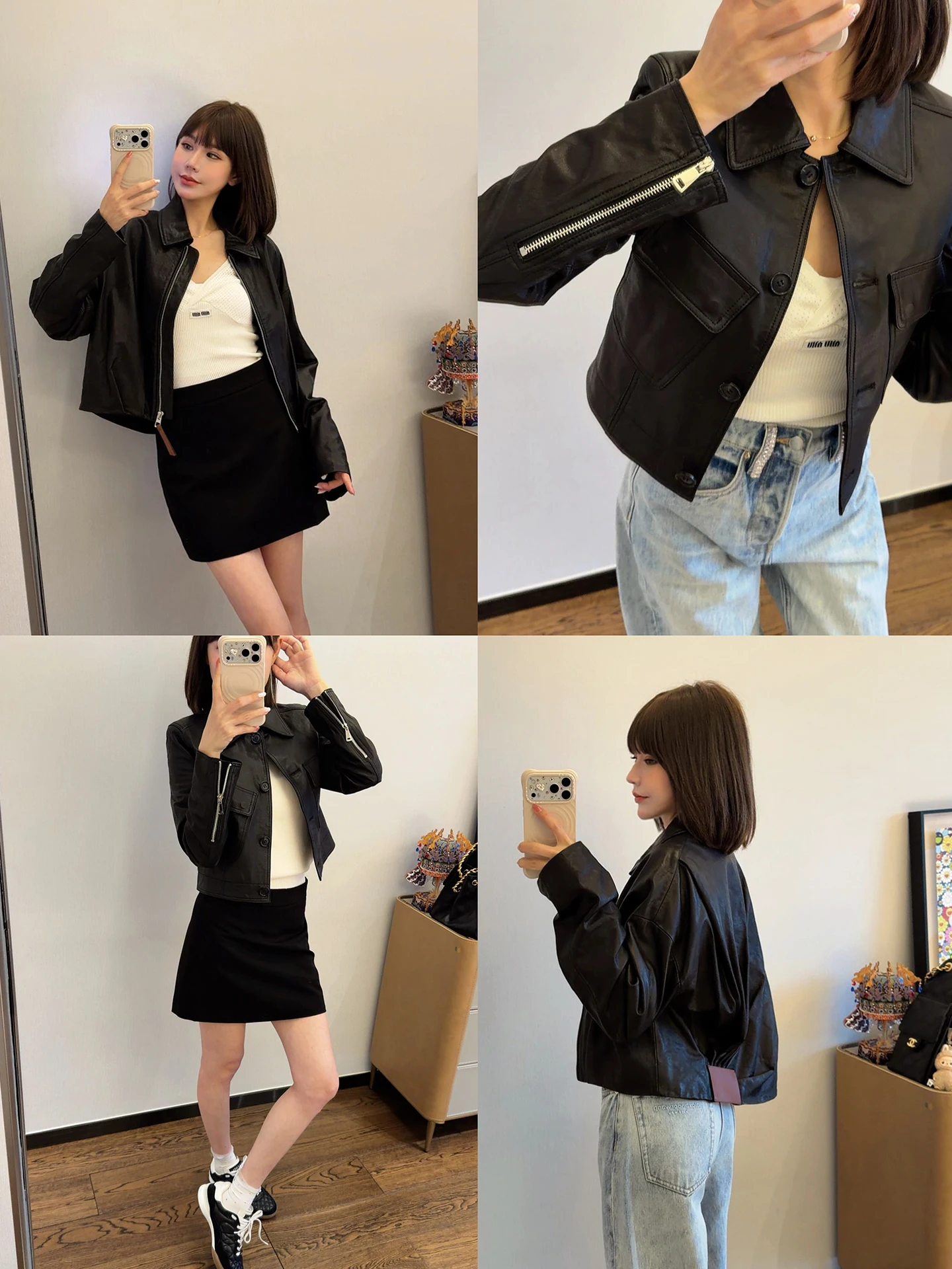 

ASBR Dark Night Legend Women's Jacket Lambskin Pleated Design Leather Coat Straight Cut Long Sleeve Short Length Zipper Closure