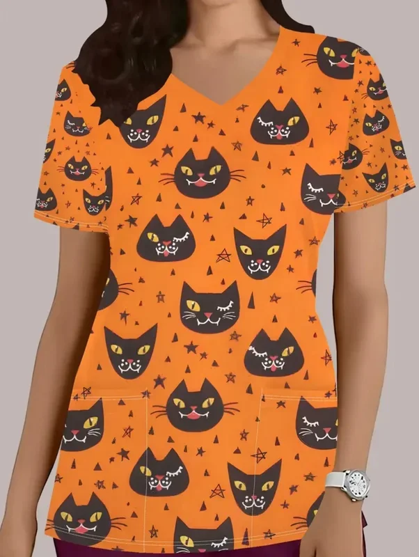 Damen-T-Shirt mit Cartoon-Motiv, Halloween-Medizin-Uniform, kurzärmelig, für Zahnärzte und Krankenschwestern, Arbeitsuniform mit Taschen, klinische Uniform. – Detail 6