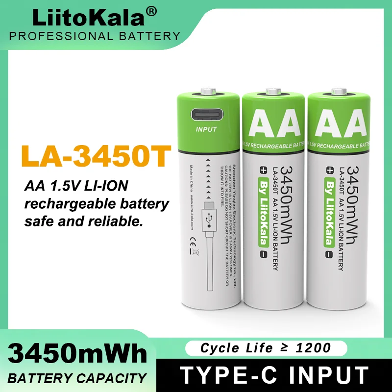 New Original LiitoKala AA 1.5V 3450mWh Large Capacity Lithium Rechargeable Battery Type-C USB Fast Charge for Mouse Toy