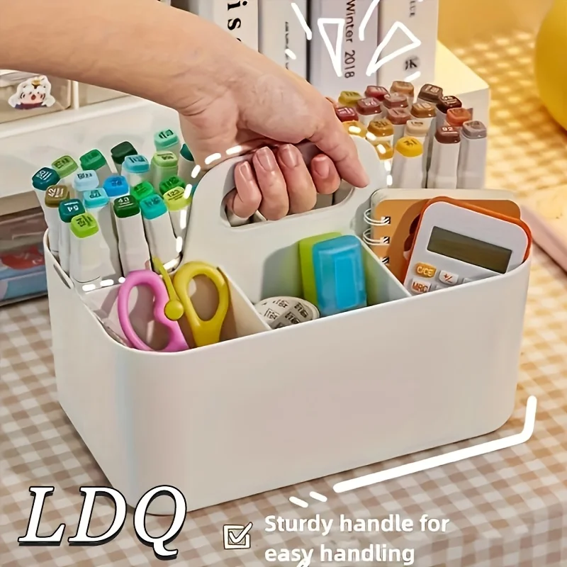 Plastic Storage Basket with Handle,Portable Stationery Box,Desk Organizer with 5 Compartments,Must-have for Back To School