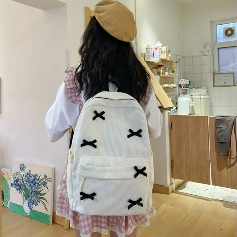 Cute Cute Bowknot School Backpack Lightweight Large Capacity Women's Backpack Corduroy Travel Bag Outdoor