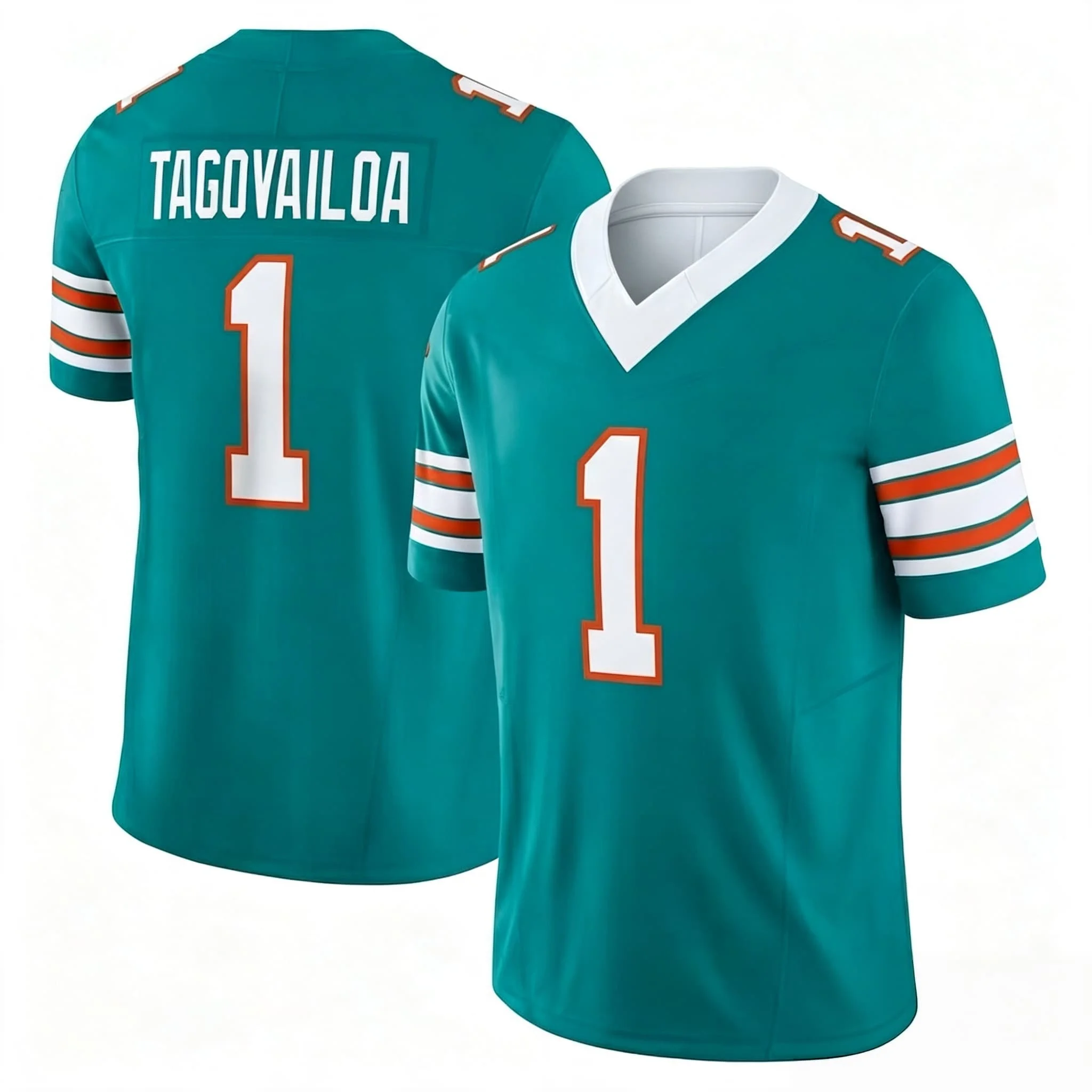 Men Dolphins #1 Tua Tagovailoa Aqua Jersey Name Number Striped Cuff V Neck Short Sleeve Fan Game Sports Uniform Family Matching
