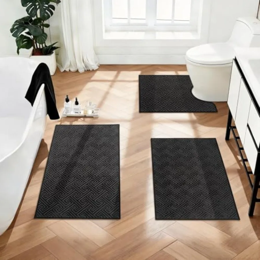 

Bathroom Rugs Sets 3 Pcs Quick Dry Non Slip Bath Rug Absorbent Machine Washable Thin Bath Mat for Restroom Floor Tub Laundry Ro