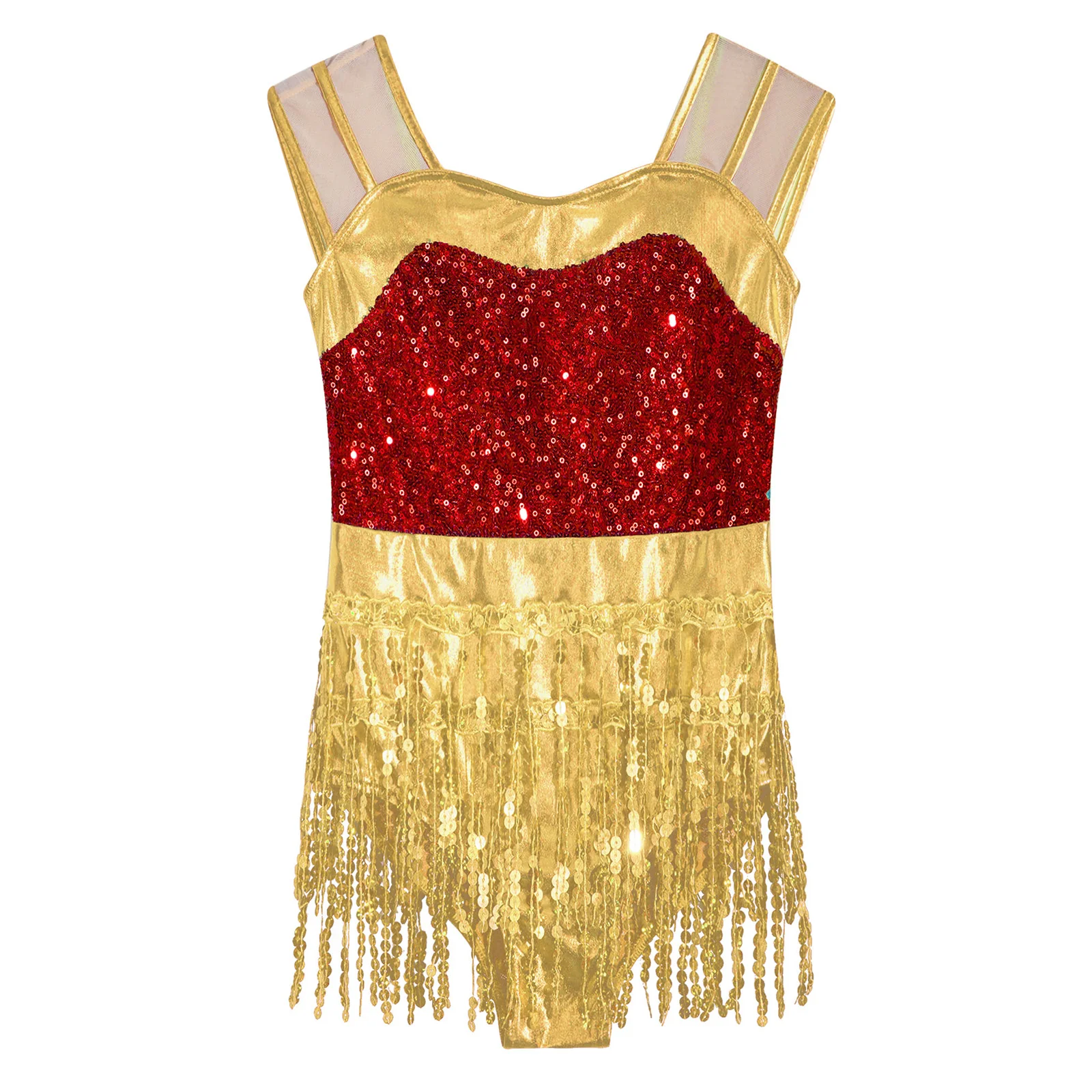 Kids Girls Christmas Party Dance Costume Modern Latin Cha-cha Tango Samba Performance Dancewear Sleeveless Sequin Tassel Leotard