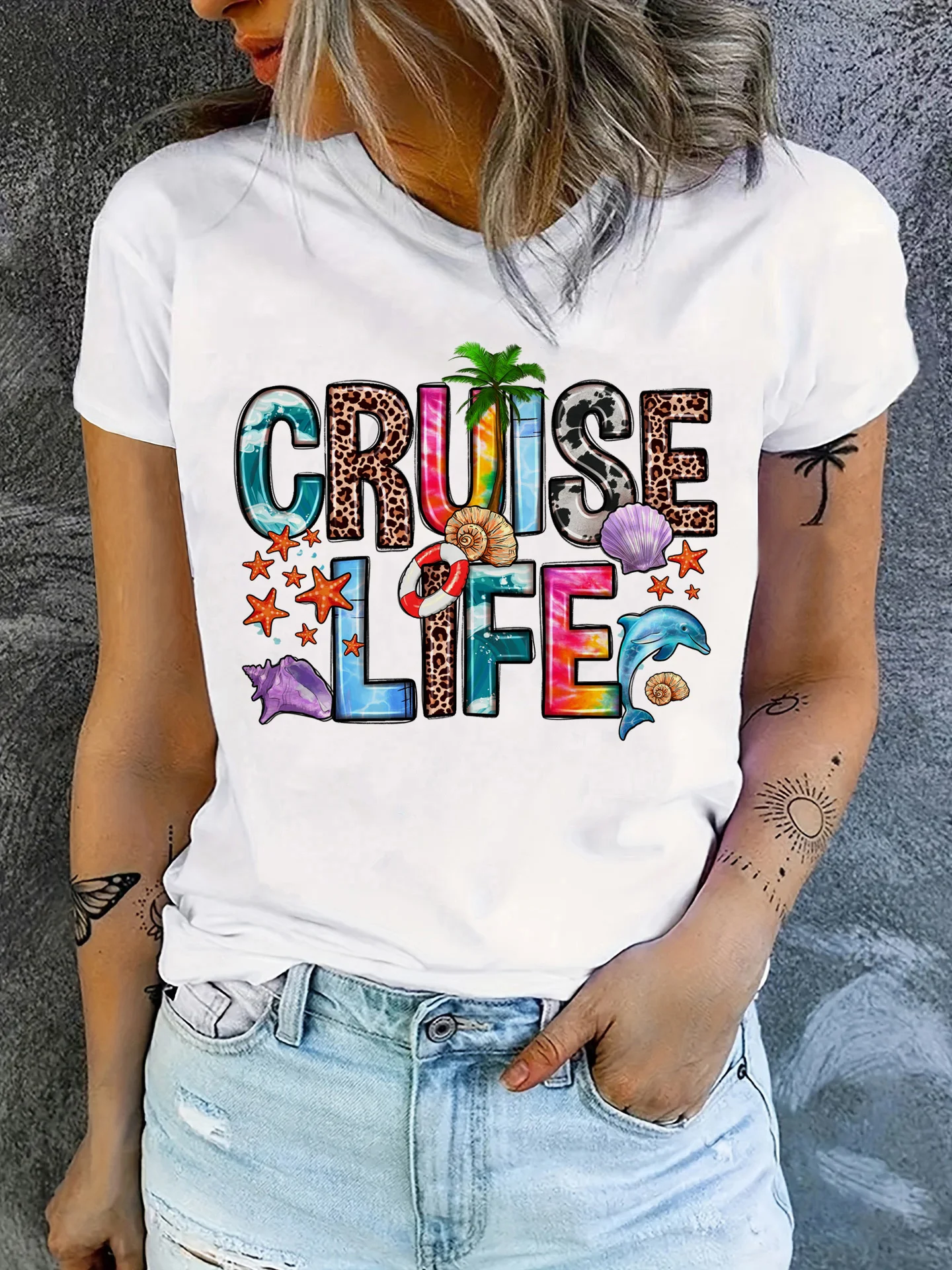 Cruise Life Letter Print Crew Neck T-shirt Short Sleeve Casual Top for Summer Summer Short Sleeved Harajuku Streetwear Casual
