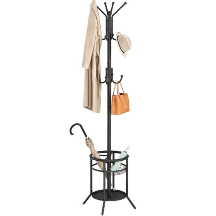 

Coat Rack Freestanding, Metal Coat Rack Stand with Umbrella Holder, Modern Coat Tree with 12 Hooks, Floor Standing Corner Hall