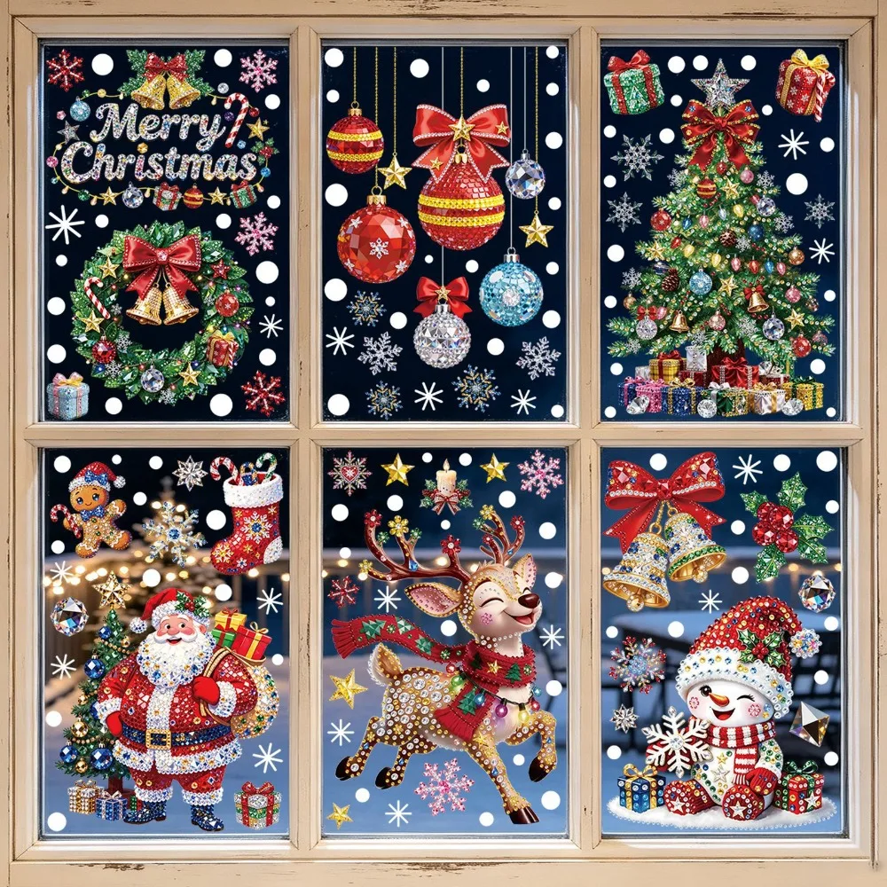 Christmas Static Window Stickers Glitter Rhinestone Effect Santa Snowman Reindeer Elf Xmas Glass Decal Removable Home Decor Gift