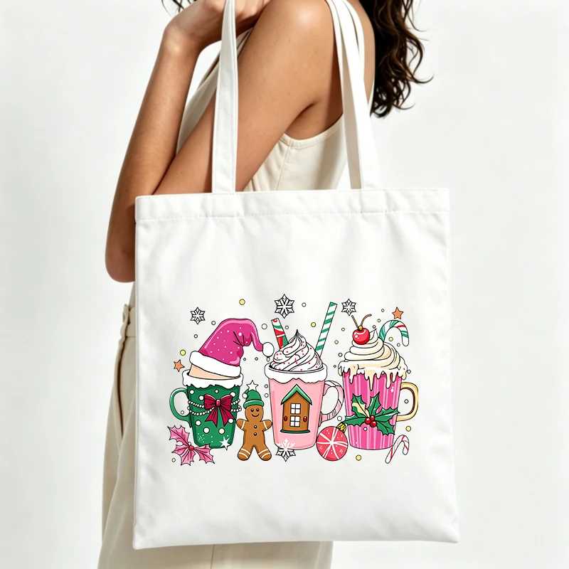 Christmas beverage graphic canvas tote bag, casual style for holiday shopping and winter outings