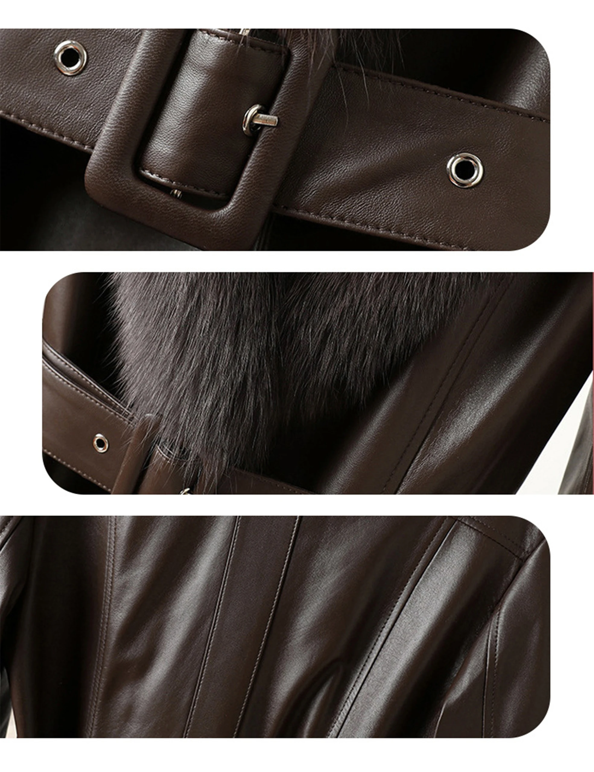 Damen-Jacke aus echtem Schaffell-Leder, langer Leder-Trenchcoat mit echtem Fuchspelzkragen und Ärmelbündchen