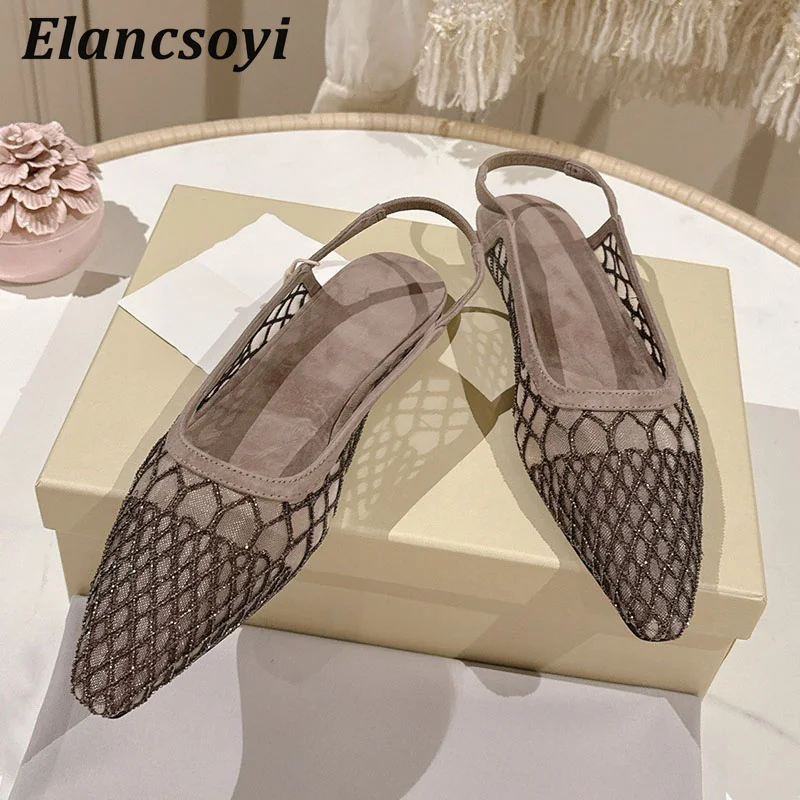 Stiletto-Sandalen für Damen, High Heels, Pumps, Mesh, mit Perlen besetzt, mit Riemen hinten, spitze Zehenpartie, Sandalias, Sommer, Alltag, Dating, Urlaubsschuhe