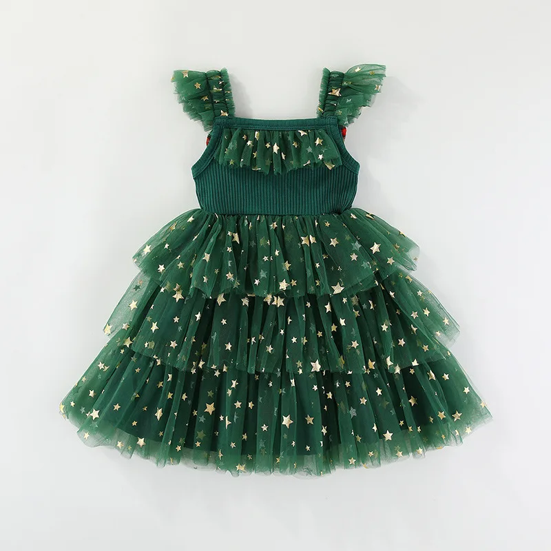 Weihnachts-Schwestern-Partnerlook: Ärmelloses Rüschen-Schulterkleid mit Weihnachtsbaum-Motiv für Mädchen (0-6 Jahre) – Detail 2