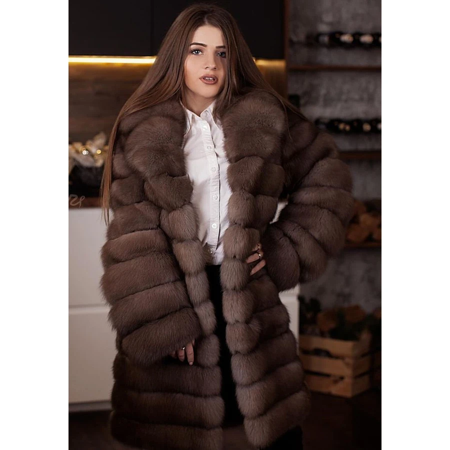 

Ladies Coats Real Fox Fur Coat With Suit Collar Womens Long Coat High Quality Natural Fox fur Jacket New Outerwears