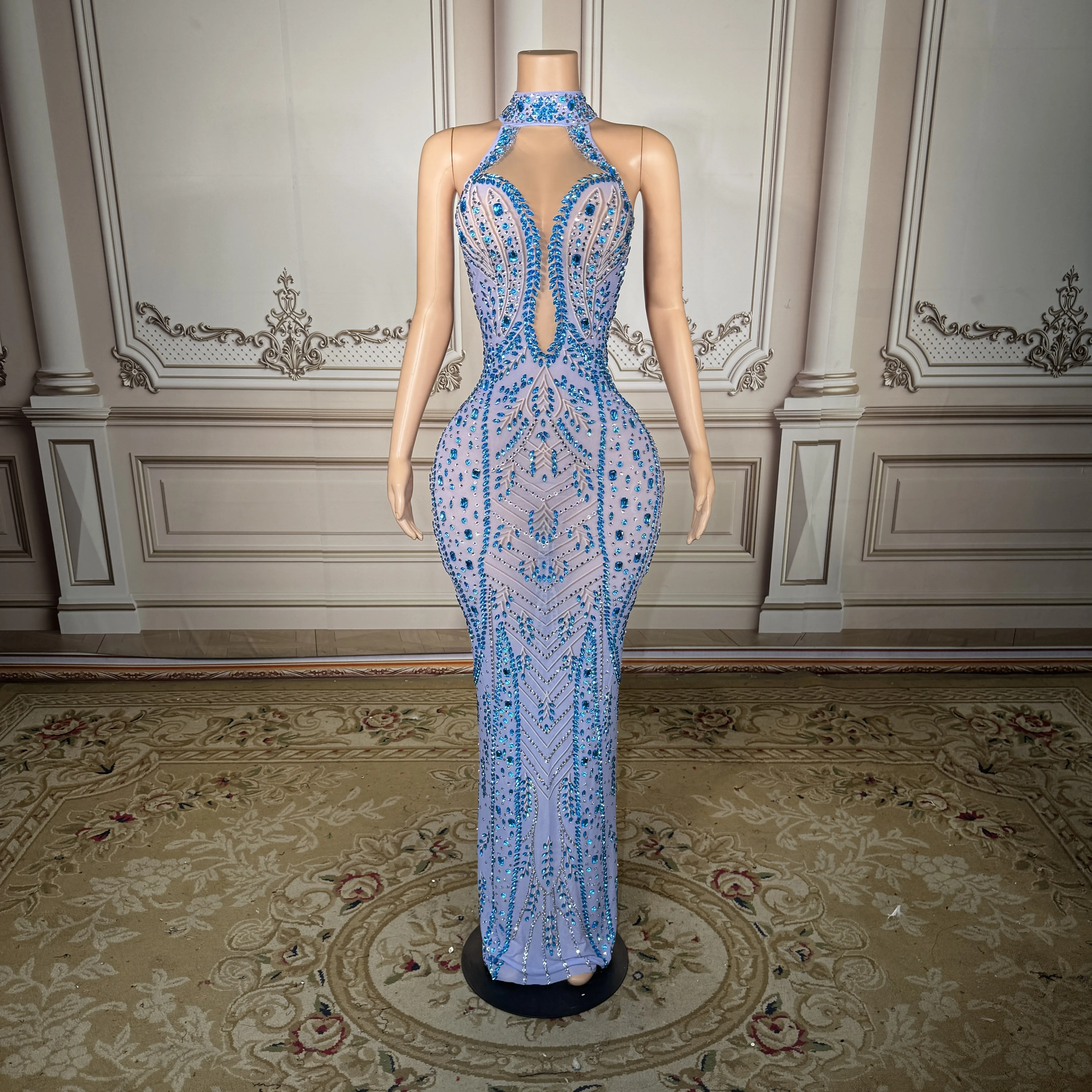 

Роскошное светло-голубое вечернее платье ZD с кристаллами, сексуальное, с вырезом халтер, высоким воротом, приталенное, фасон «русалка», с блестящими стразами