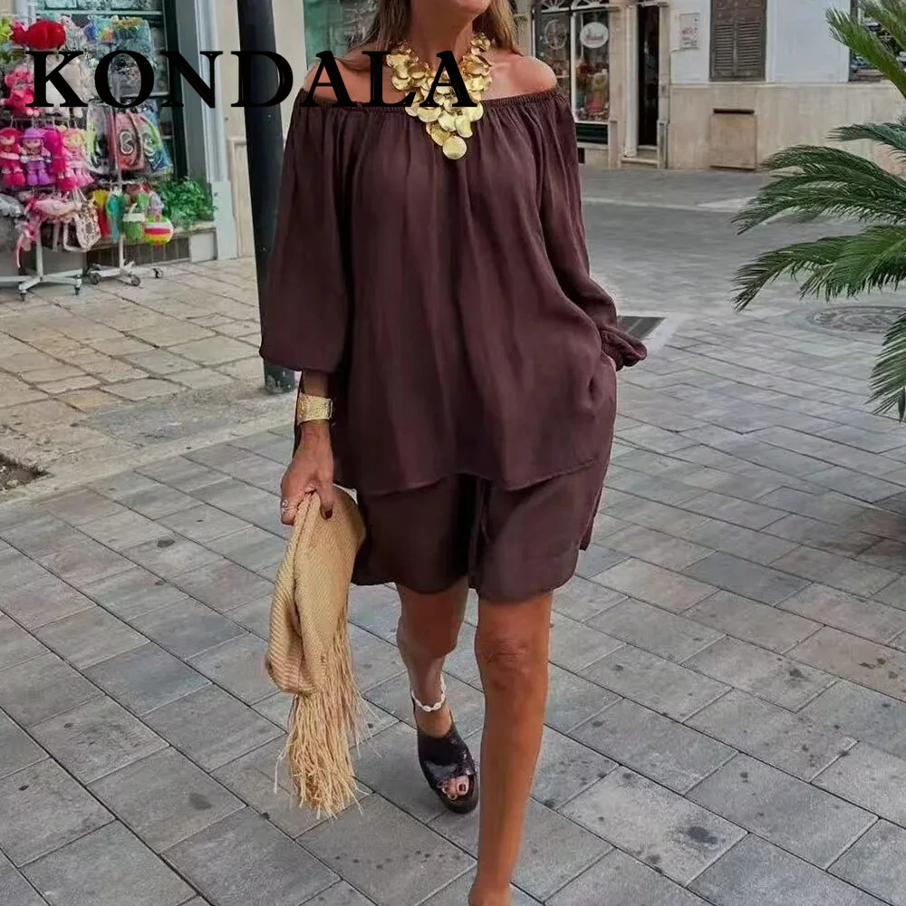 KONDALA Vintage Chic Brown Woman Suit Pleated Loose Off Shoulder Sexy Shirt+Lace-up Mini Shorts Fashion 2025 Casual Mujer Sets