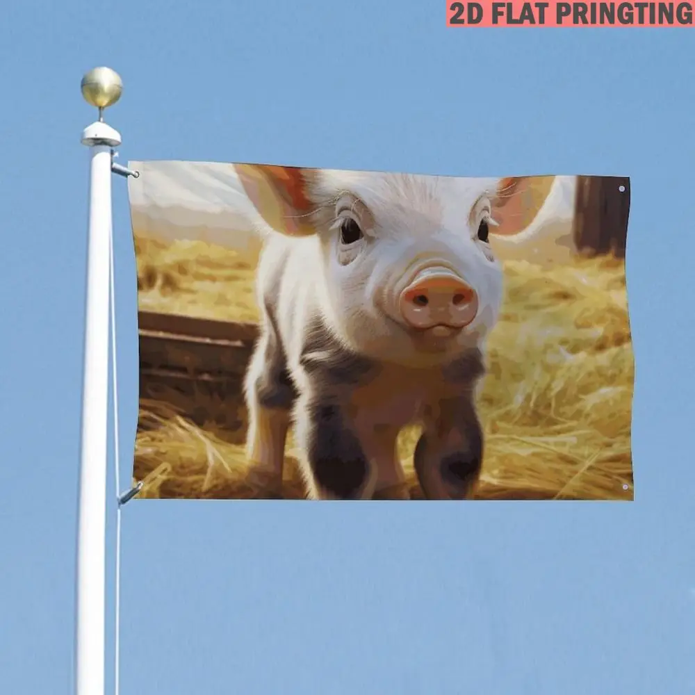 1pc Flag Banner 2D FLAT Print Pattern with Cute Piglet Standing in Hay Field with Soft Lighting