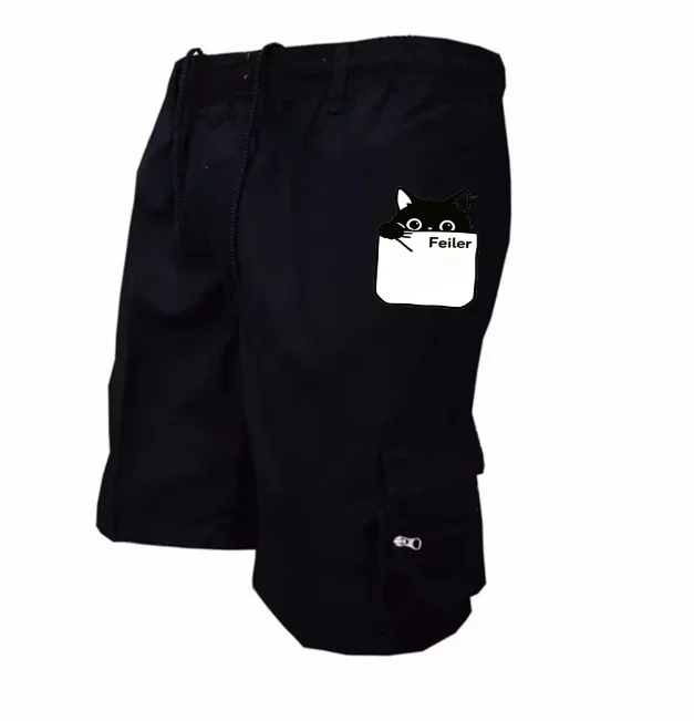 Cute Cat Print Mens Cargo Shorts Multi Zipper Pocket Elastic Drawstring Casual Summer Streetwear Shorts