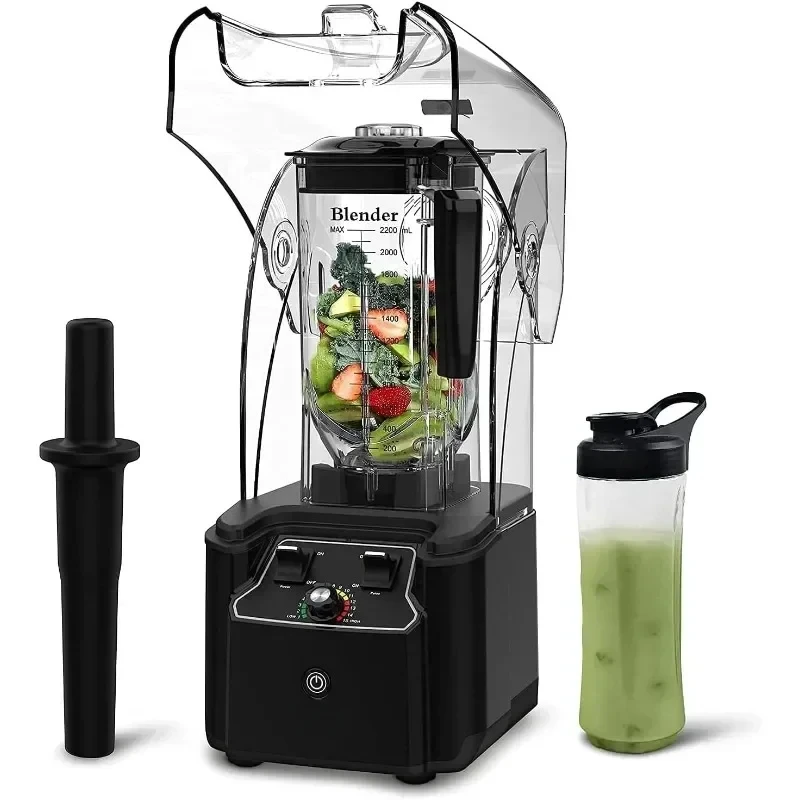 Quiet Commercial Blender with Soundproof Shield, 2200 Watt Professional Blenders for Kitchen Self-Cleaning, High-Speed Blenders