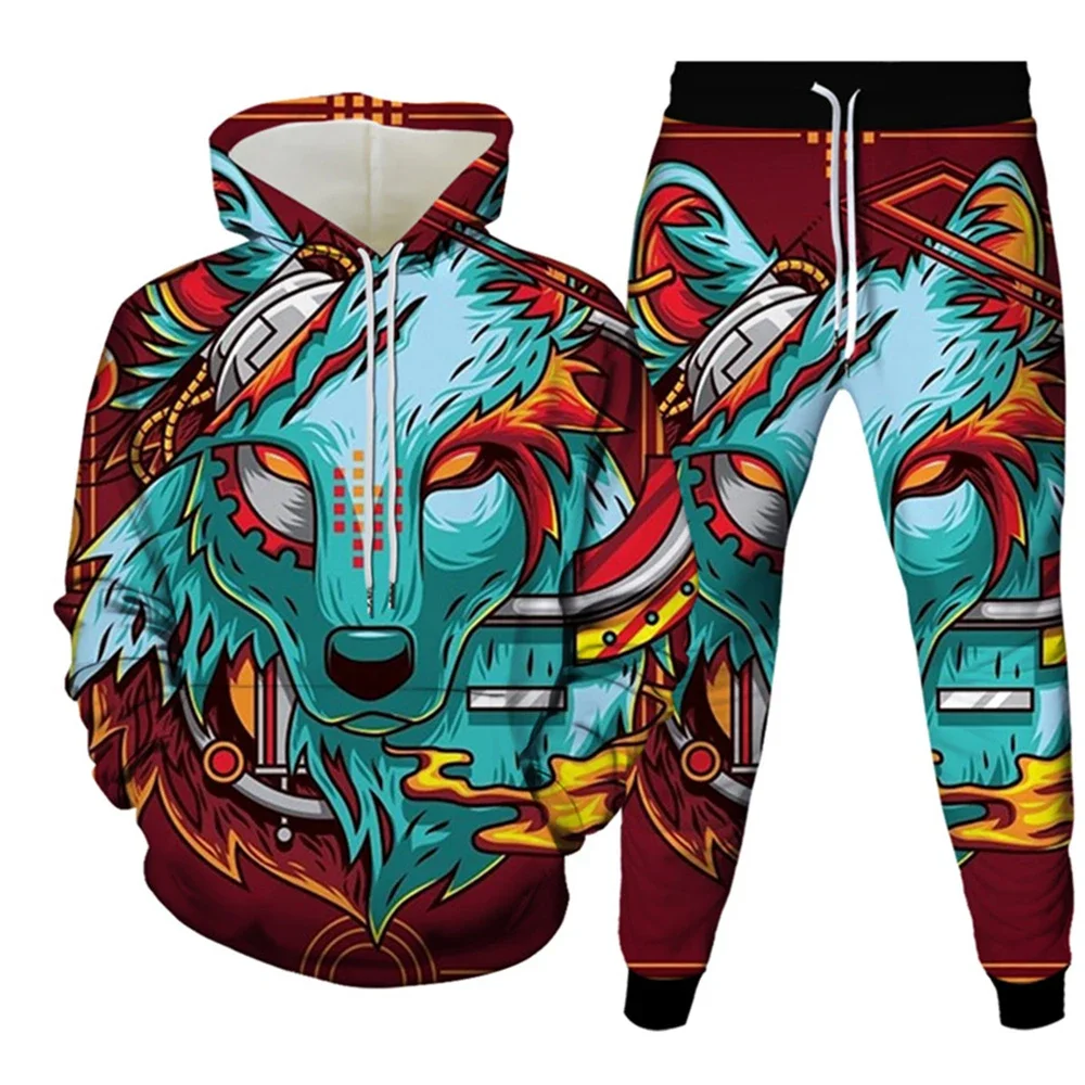 Men\'s Tracksuit Sets Animal Wolf 3D Print Casual Hoodie Pants 2pcs Sets Oversized Sweatshirt Fashion Streetwear Men Clothing