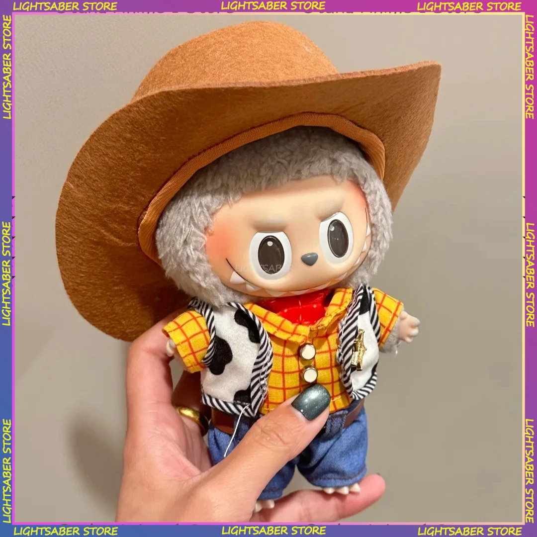 الكرتون كاوبوي Labubu 3.0 الملابس قبعات رعاة البقر الغربية الزي مع عشر جالون قبعة صغيرة أفخم دمية الملابس موضة إكسسوارات دمي هدية