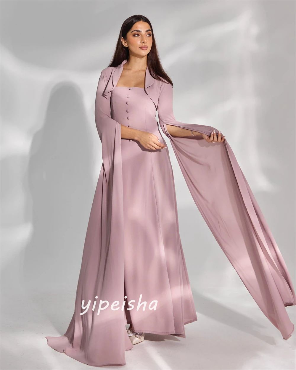 Robe trapèze en satin à col carré pour femme, robe sur mesure, longueur au sol, célébrité, bouton