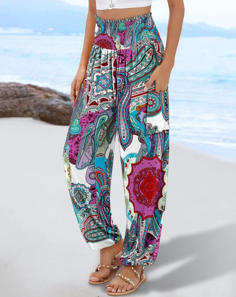 Damen Palazzo-Hose mit hoher Taille, Boho-Print, lockerer Passform, geometrischem Blumenmuster und Seitentaschen für den Sommerurlaub am Strand – Detail 3