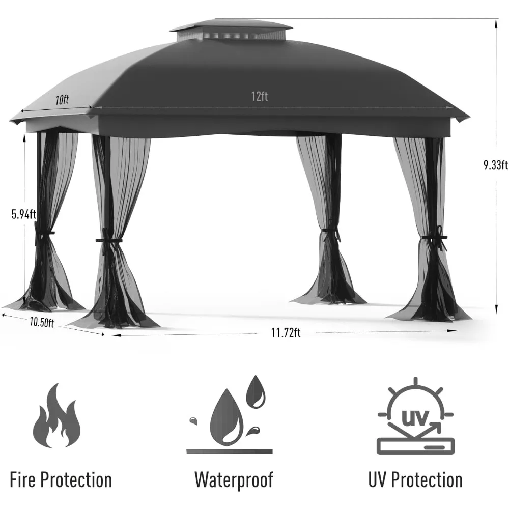 10 x 12' Gazebo with Waterproof Double Vent Roof, Easy-Set up Gazebo with Mosquito Netting, Outdoor Gazebo for Garden(Gray).