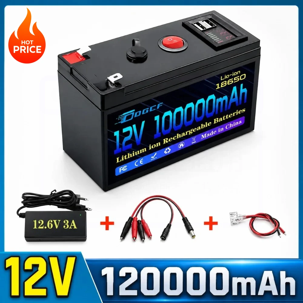 2026 New Rechargeable 18650 LiFePO4 Lithium Battery 12V 100Ah Built‑in 5V 2.1A USB Port with Power Display Indicator