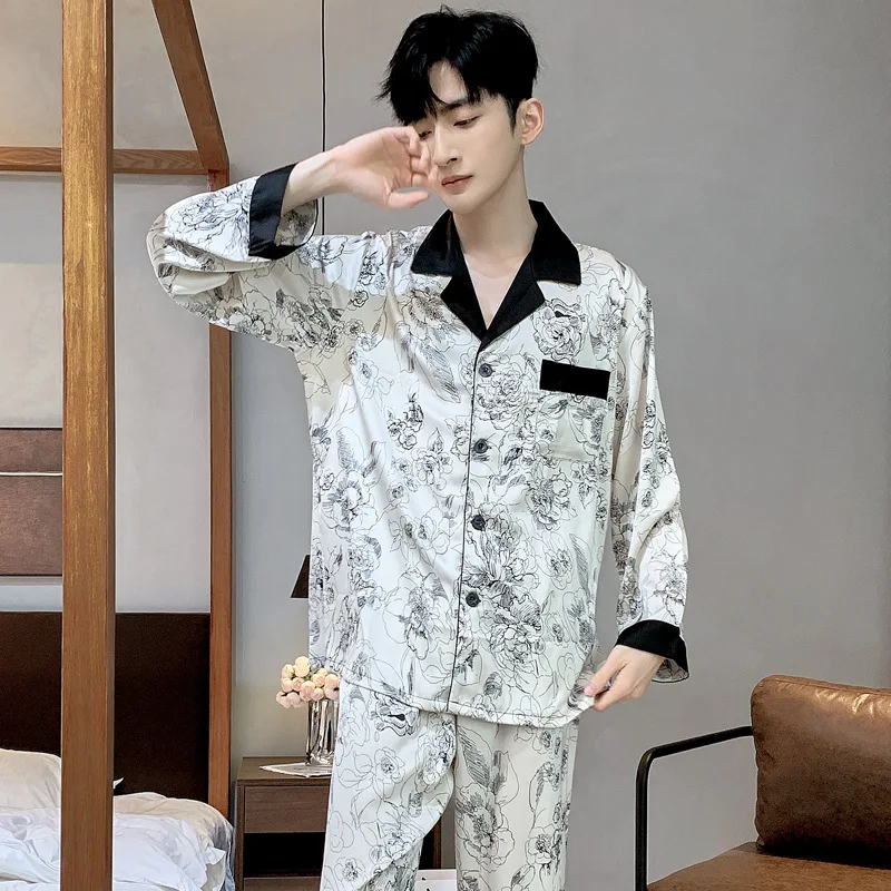 High Quality Satin Printed Pajamas Set Men\'s Nightwear Ice Silk Long Sleeve Loose Thin Teen Home Clothing Wear Suit Male Pyjama