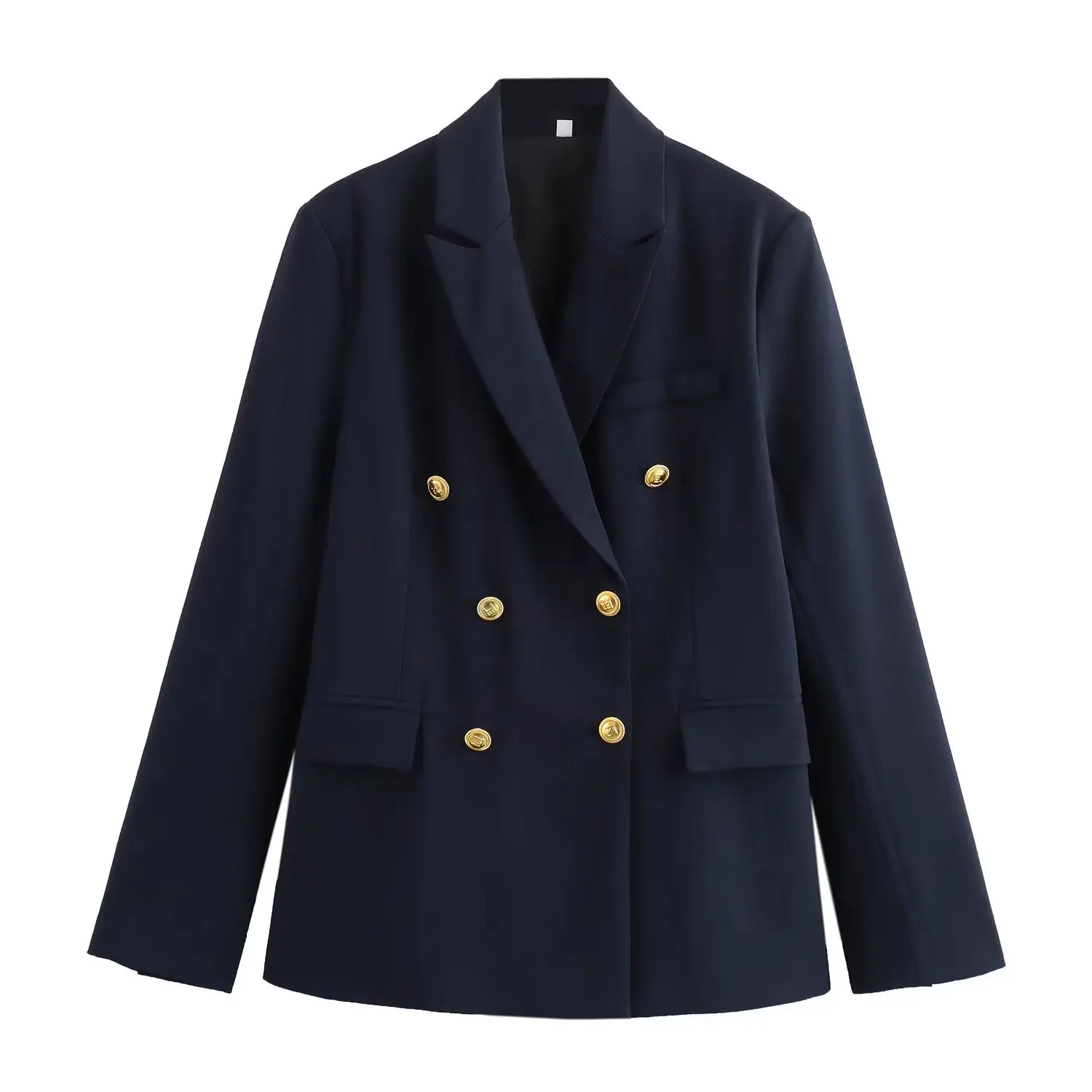 Maxdutti Casual Navy Blue Jacket Gold Buttons Retro Double Breasted Minimalist Fashion Women\'s Suit With Blazers Women