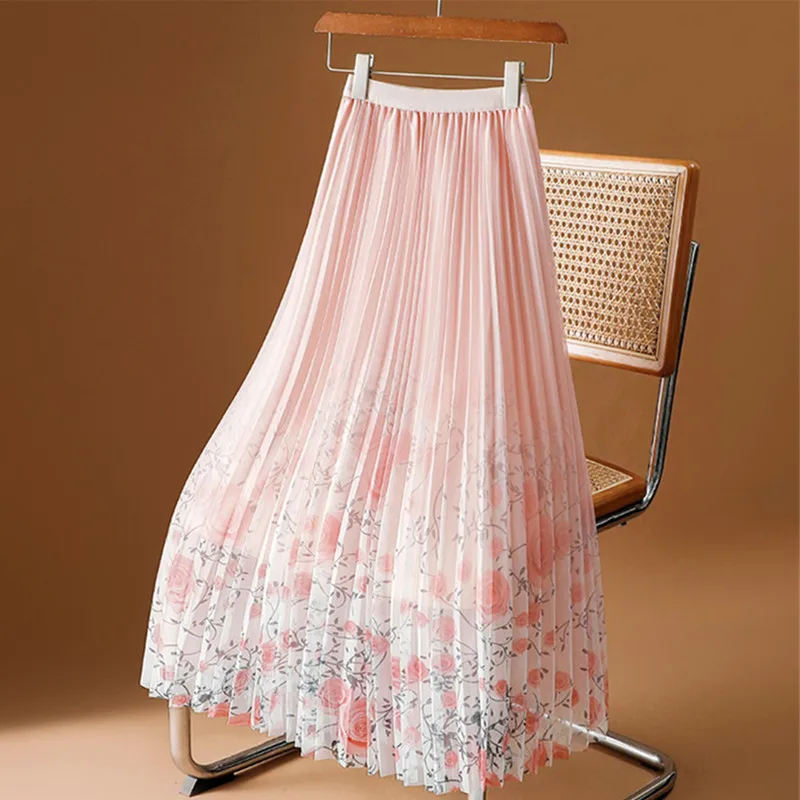 Printed Mesh half Skirt Women Spring Summer 2026 New Slim Floral Gauze Skirt Fashion Draped pleated A-line Long Skirts Female