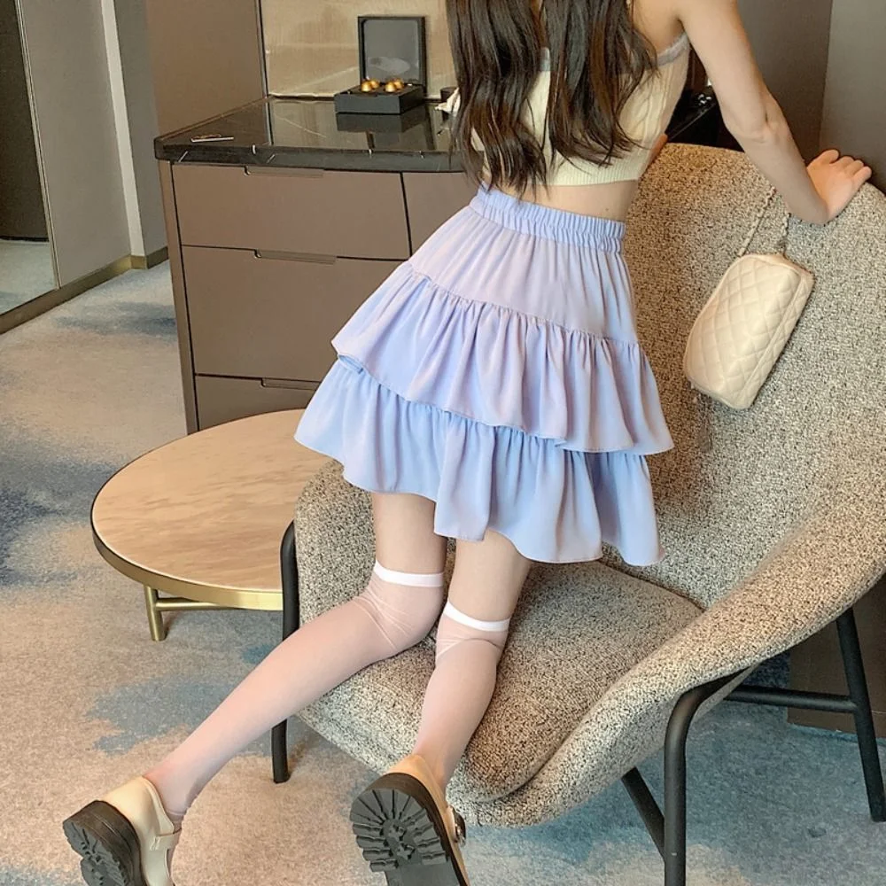 A-line High Waisted Cake Skirt Elastic Waist with Safty Pants Pleated Fluffy Mini Skirt Y2k Short Dress Ruffled Short Skirt