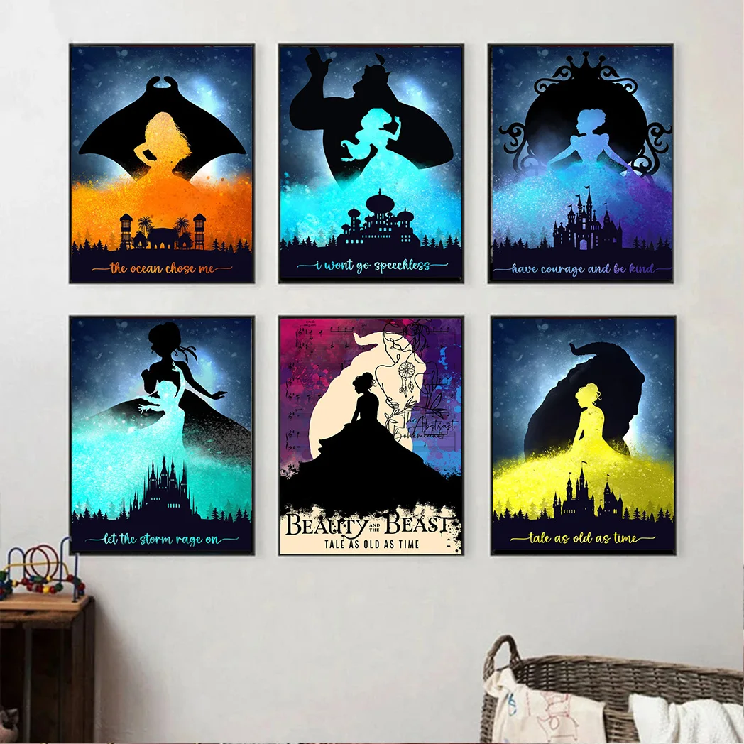 MINISO Disney Princess Art Print Cinderella Poster Elsa Belle Princess Party Canvas Painting Wall Art Poster Mural Girls Room De