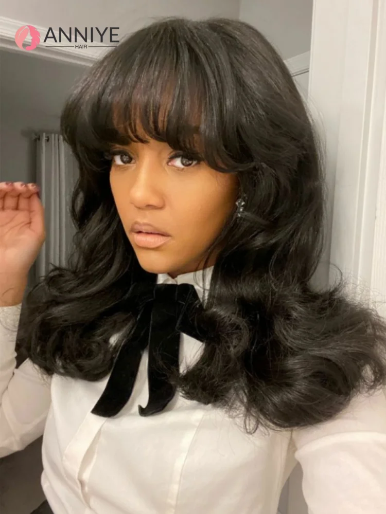 

Body Wave Human Hair 30 Inch Wigs With Bangs Full Machine Made Human Hair Wigs For Women Natural Color 180% Density Long Wigs