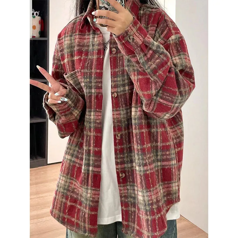 

Vintage Fashion Sping Autumn Brushed Shirts Coats Women Lapel Plaid Button Chic Casual Long Sleeve Thicken Cardigan Loog Tops