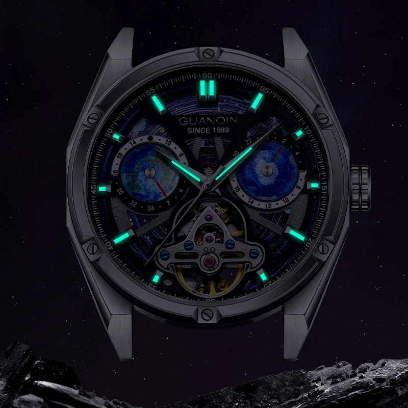 GUANQIN Men\'s Watches Starry sky Dial Map Design Tourbillon Automatic Watch Men Luminous Mechanical Wristwatch Men For 2024 New