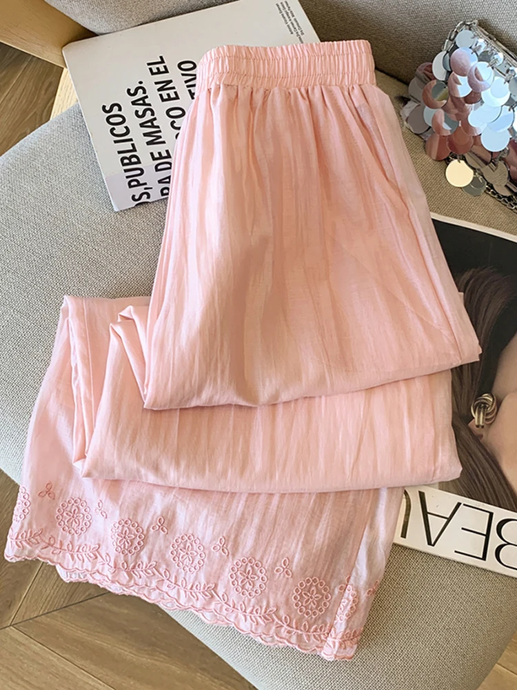 Sweet Youthful Pink Embroidered Lace Wide Leg Pants Women Summer Thin Loose Casual Linen Straight Long Trousers