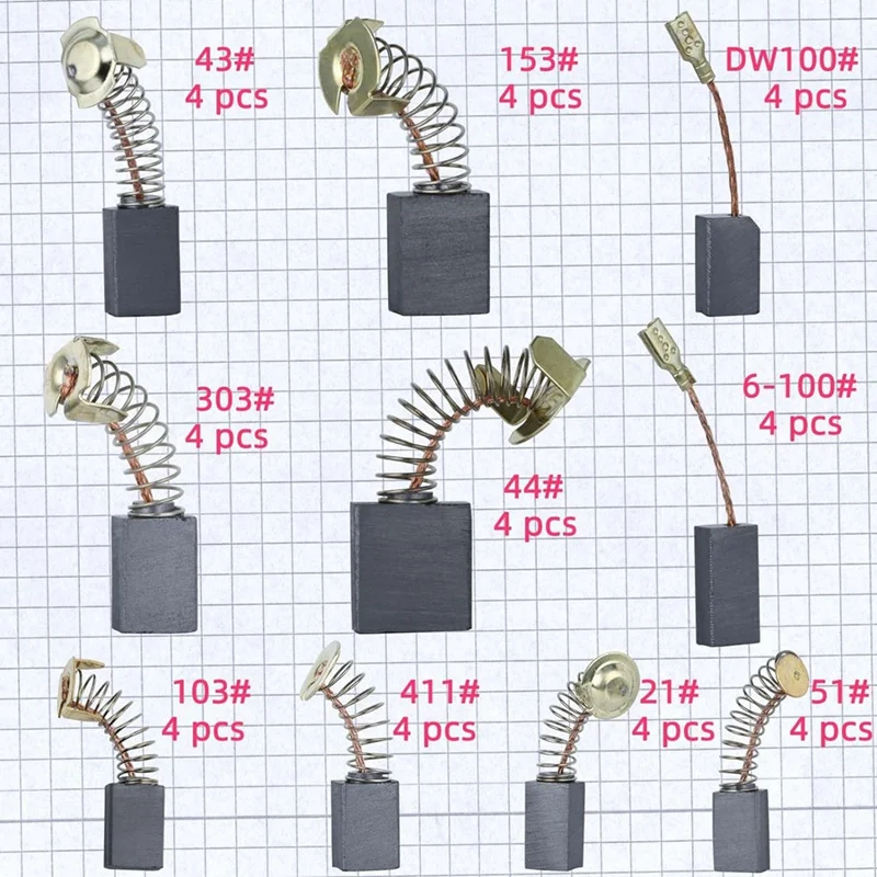 Juego de cepillos de carbono para Motor eléctrico, Kit de reparación de repuesto con 10 tamaños, adecuado para piezas de herramientas eléctricas, paquete de 40