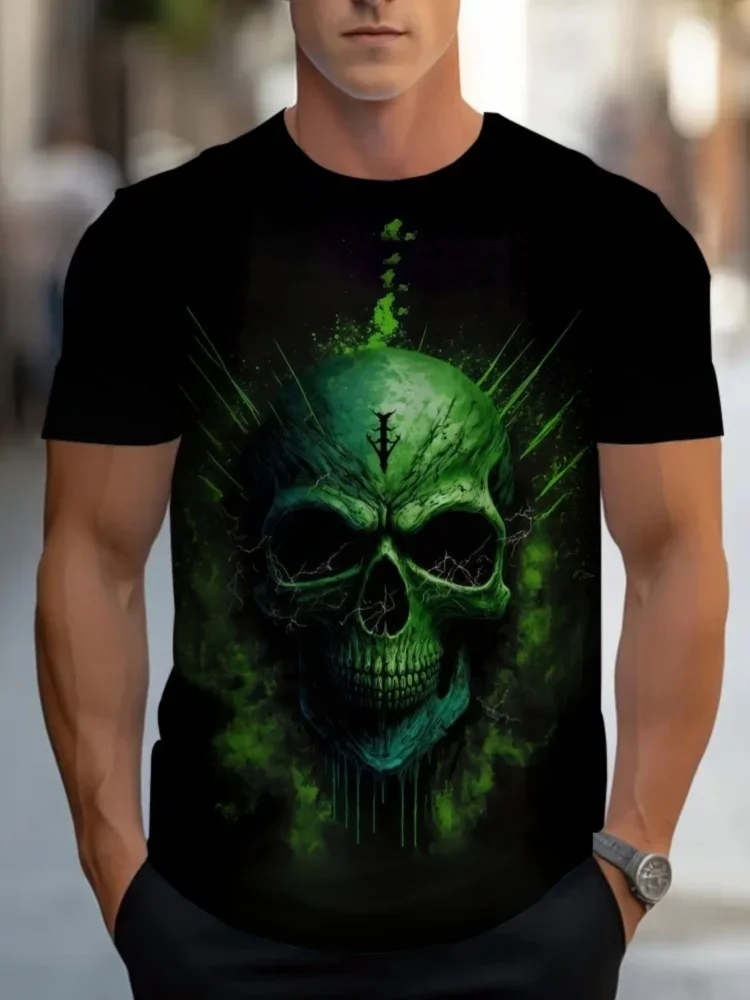 Trendiges Street-Style Herren 3D-Totenkopf-Print T-Shirt Sommer Lässiges Kurzarm-Oberteil Modische Männer-Streetwear
