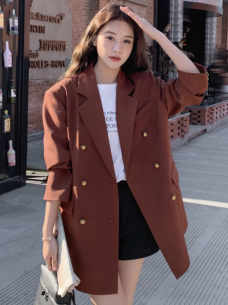 LANMREM Fashion Iron Red Blazer For Women Notched Double Breasted Solid Color Back Lace-up Design Coat 2025 Spring New 2Z2568