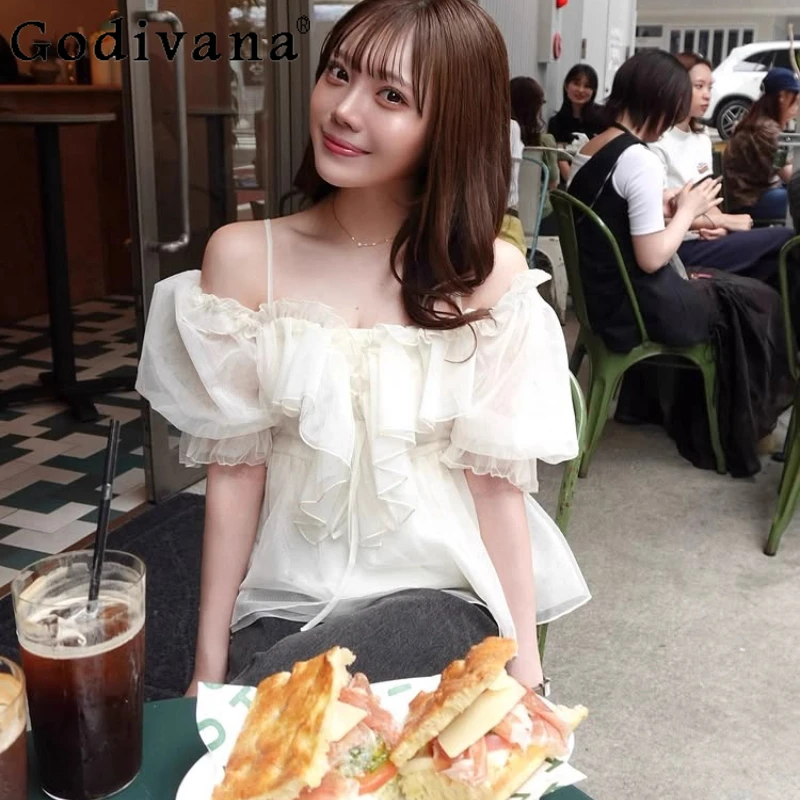 

Japanese Style Sweet Off-Shoulder Lantern Sleeve Shirt Summer Women's Ruffle Edge Fashion Blouses Office Lady Daily Casual Top