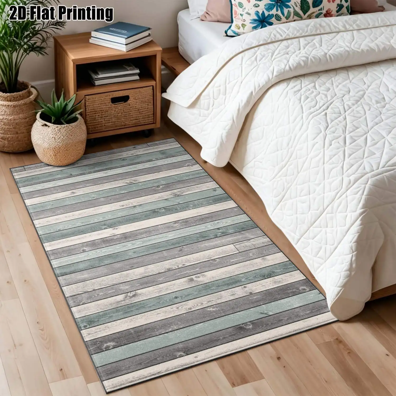 1Pc 2D Printed Blue-Grey Striped Nordic Vintage Geometric Carpet, Simple Fresh Floor Mat, Home Decor, Multi-Size, Machine Washable, Suitable for Entrance, Dining Room, Foyer, Living Room, Bedroom