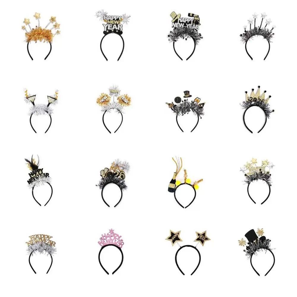 الترتر 2026 السنة الجديدة عقال نجمة/تاج الطرف الديكور عيد الميلاد السنة الجديدة خوذة ملونة أغطية الرأس بريق الشعر هوب