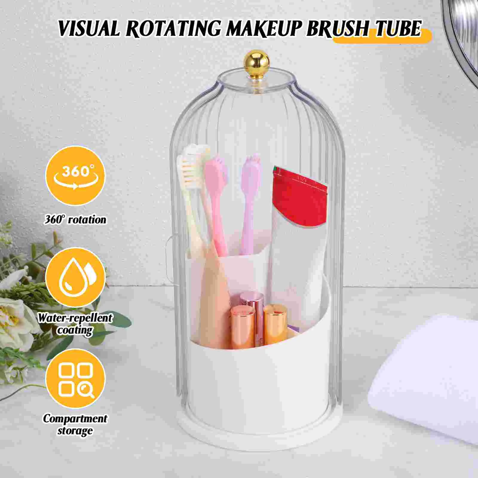 Porta brochas de maquillaje con cubierta transparente en rotación gran capacidad caja de almacenamiento protectora blanca para organizador de tocador de maquillaje
