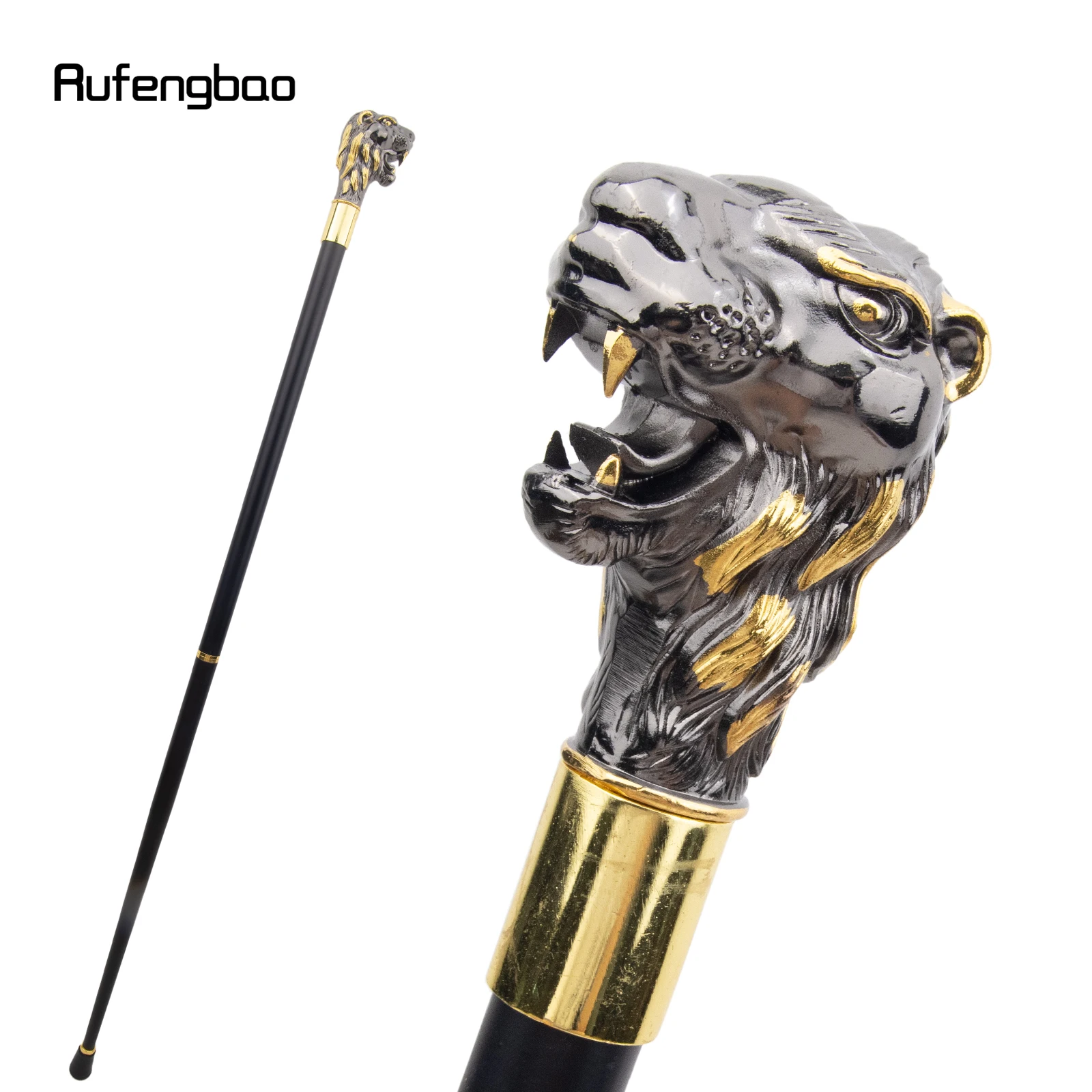 Golden Black Lion Head with Mustache Fashion Walking Stick Decorative Vintage Fashionable Walking Cane Crosier 93cm