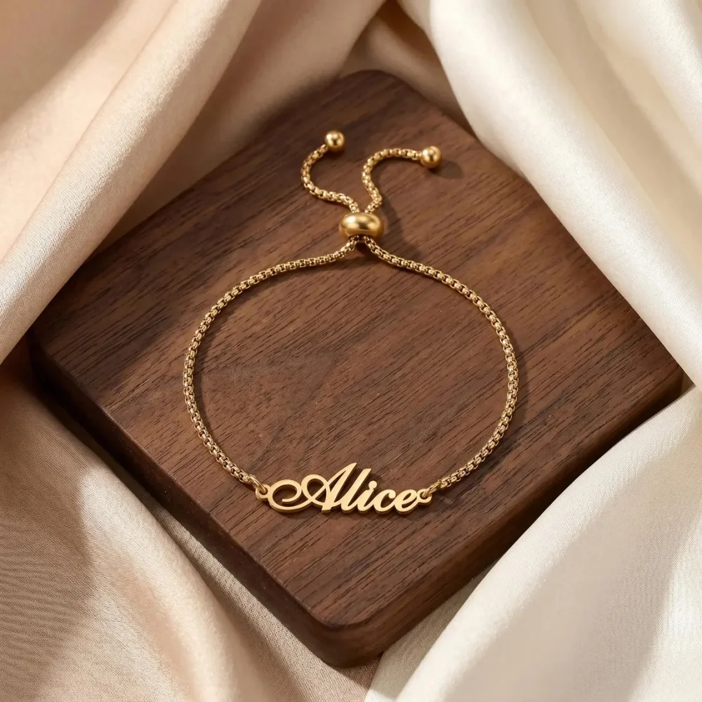 Custom Name Adjustable Chain Bracelets For Women Jewelry Stainless Steel Script Nameplate Slider Bracelet Best Gift For Her