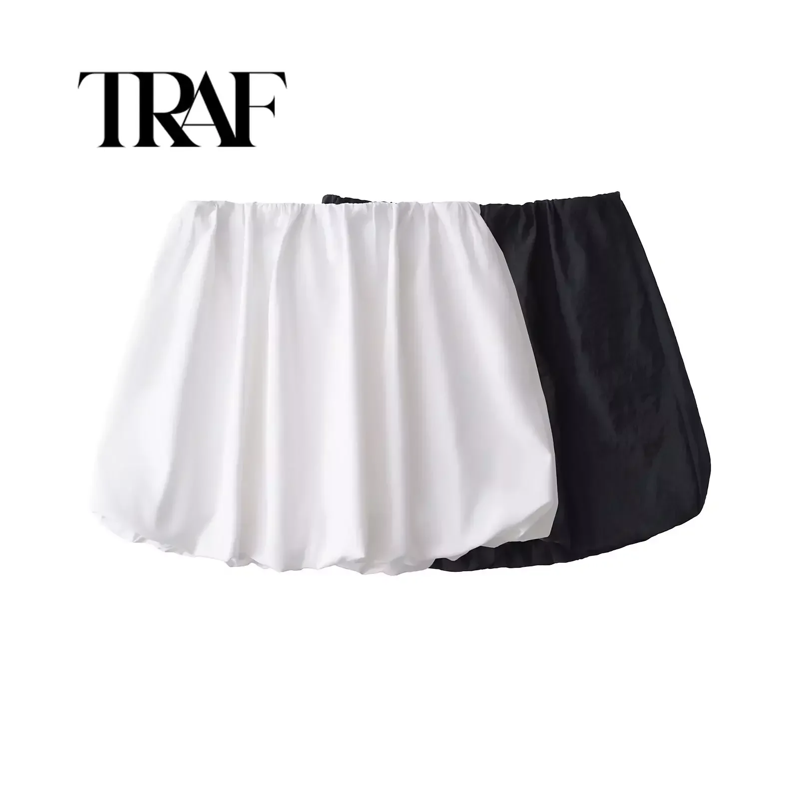 Traf Satijn Kantoor Dame Elegante Vrouwelijke Lantaarn Mini Rok Vrouwen Mode Hoge Taille A-Lijn Vintage Witte Ballon Rok