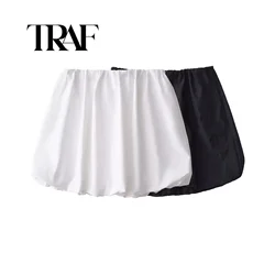 TRAF Satin Office Lady Elegant Female Lantern Mini Skirt Women Fashion High Waist A-line Vintage White Balloon Skirt