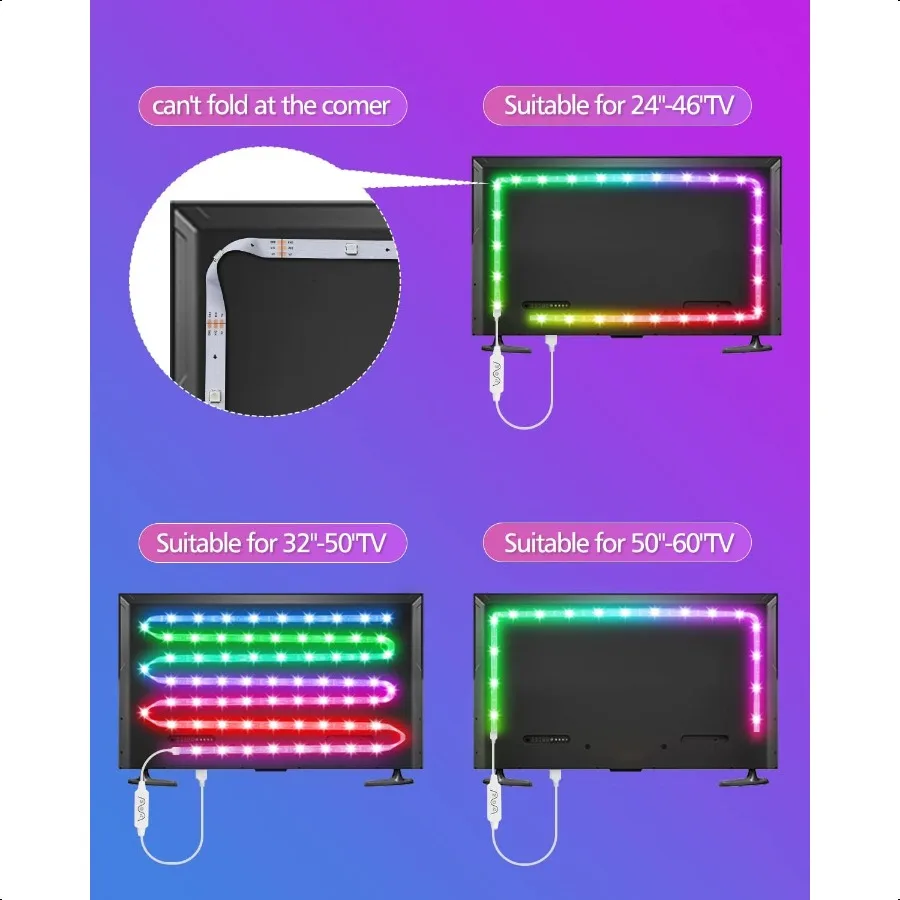 LED Lights for TV 9.8FT TV Led Backlight Behind Lights for 3260inch USB Led Light Strip Glow RGBICW Color Changing Sync with Mu