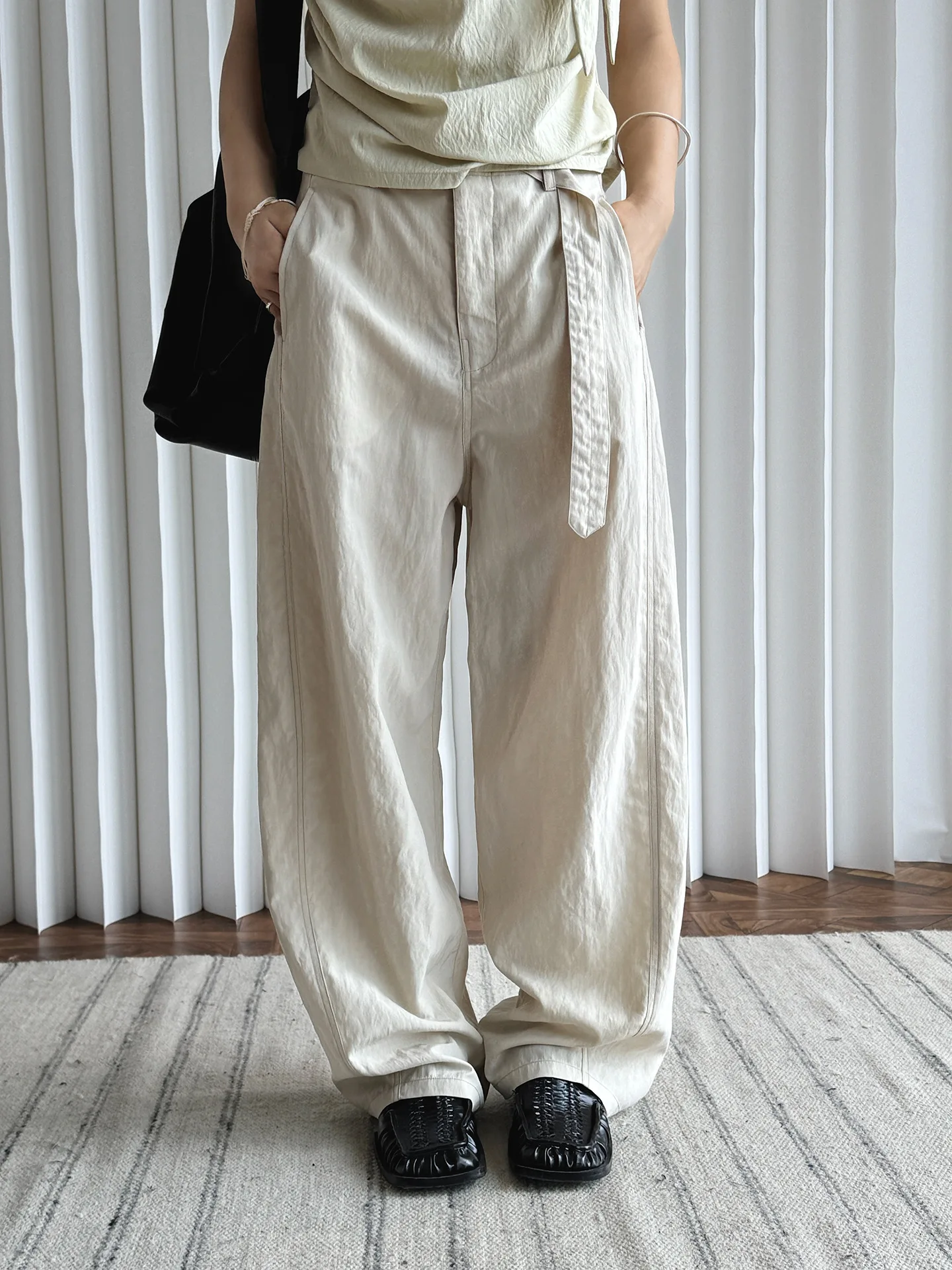 봄 여름 여성 캐주얼 솔리드 컬러 하이 웨이스트 루즈 와이드 레그 팬츠